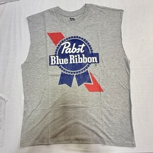 Pabst Blue Ribbon Sleeveless Tank Top Shirt Men's Medium Gray Graphic Print Logo
